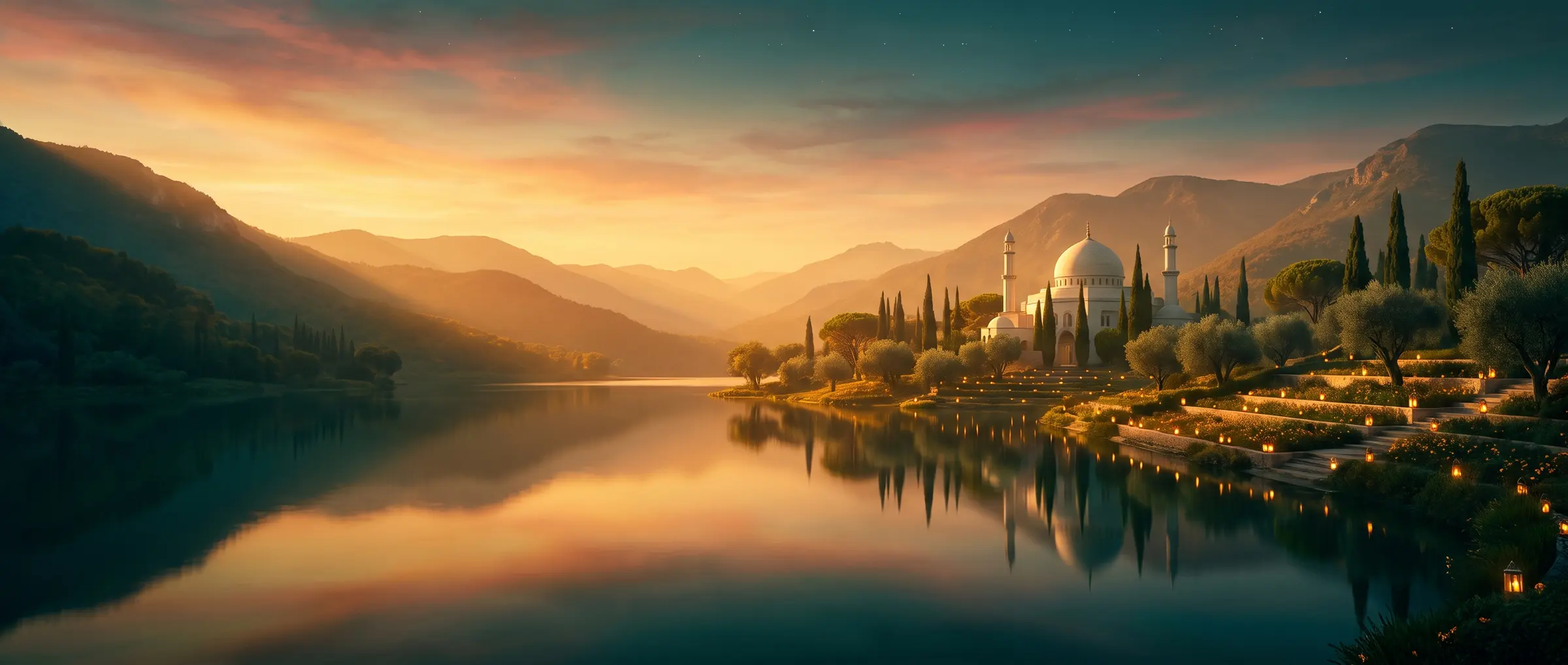 A golden valley at dusk: a mirror-calm lake reflecting the sky, a white domed sanctuary on the far shore, terraced gardens with warm lanterns descending to the water.