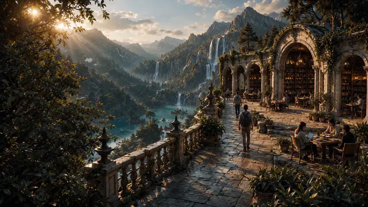 A stone terrace of a mountainside library at golden hour: readers at tables beneath vine-draped arches, overlooking a vast green valley of waterfalls and a turquoise lake, sunlight breaking over distant peaks.